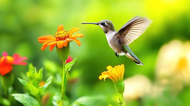 hummingbird. Hummingbird hovering near a single vibrant flower in a soft-focus garden. wildlife magazines, conservation campaigns, designed for eco-tourism storytelling, celebrates biodiversity.