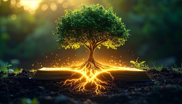 Tree Growing from Open Book with Glowing Roots, Knowledge Growth and Education Concept