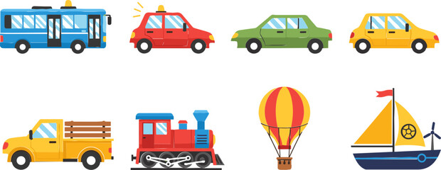 Naklejka premium Colorful Transportation Vehicles Set Featuring Bus, Cars, Truck, Train, Hot Air Balloon, and Sailboat for Travel, Vehicle, and Adventure Designs