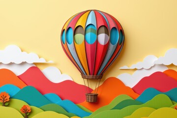 Obraz premium Colorful hot air balloon floating over layered paper-cut hills and clouds against a yellow sky.