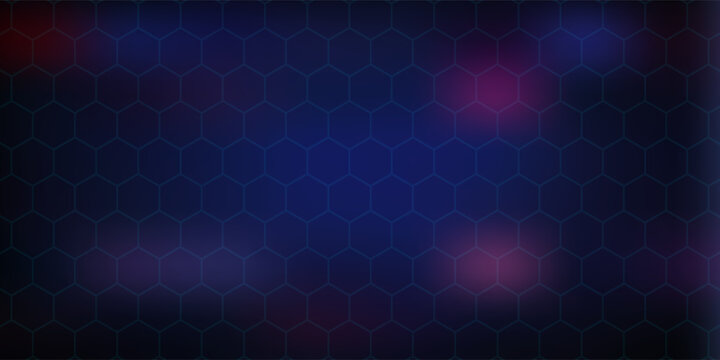 Dark technoloDark hexagonal technology vector abstract background. Blue and red bright energy flashes under hexagon in modern technology f