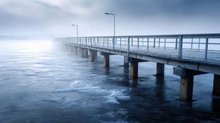 Fototapeta premium A misty pier stretching out over the water, evoking a sense of tranquility and mystery. The scene is shrouded in a soft fog, and two lights stands tall