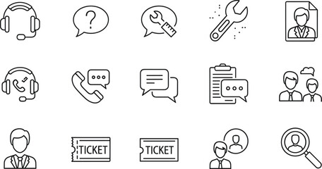 Fototapeta premium Customer support communication editable stroke outline icon set featuring headset ticket chat troubleshooting contact service vector symbol collection