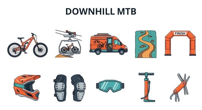 Downhill mountain bike racing equipment set.