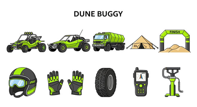 Modern Flat Vector set of Dune buggy racing vehicle desert sand.