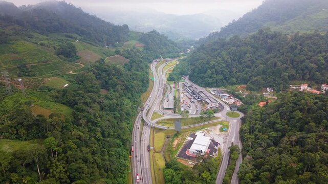 Aerial view of Genting Sempah RnR on the Kuala Lumpur&ndash;Karak Expressway, Malaysia 