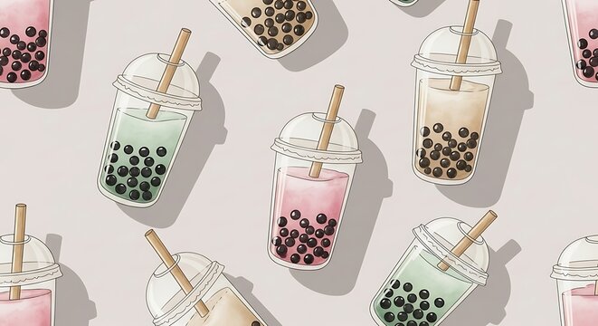 Repeating pattern of watercolor-style bubble tea cups with boba pearls and straws on gray