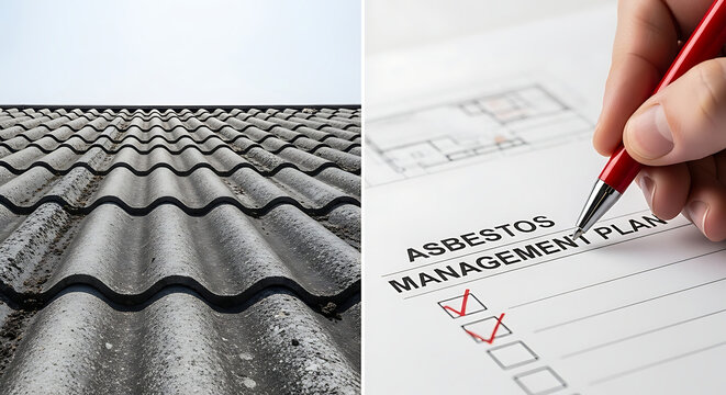 asbestos management plan being reviewed with a red pen showing building safety measures for an old asbestos roof and hazardous materials removal