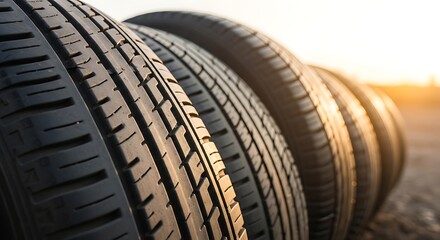 Obraz premium Row of black vehicle tires with tread patterns against a blurred background sunset