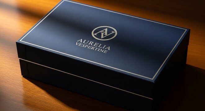 木製テーブルに置かれた深い紺色の高級感あるギフトボックス銀色の縁取りが上品に輝き差し込む光がドラマチックな陰影を生み出す洗練された贈り物. AI Generated