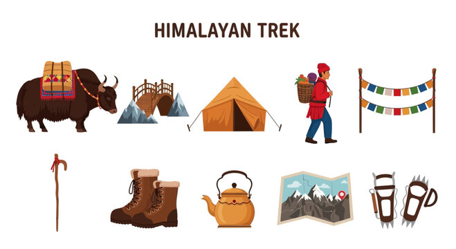Modern Flat Vector set of Himalayan trekking adventure travel exploration.