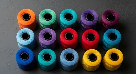 Fototapeta premium Rows of vibrantly colored thread spools on a dark gray surface, creating a visual display
