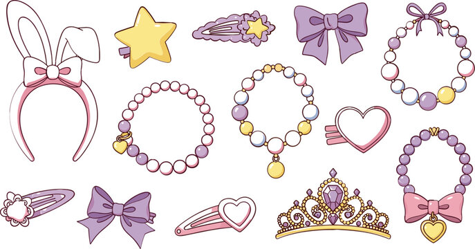 Cute Accessory Collection Featuring Hairbands, Bracelets, Bows, and Crowns in Pastel Colors for Fashion, Jewelry, and Accessories Illustrations