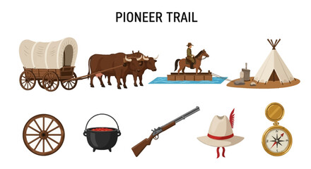 Pioneer trail American west icons set. © Faisal