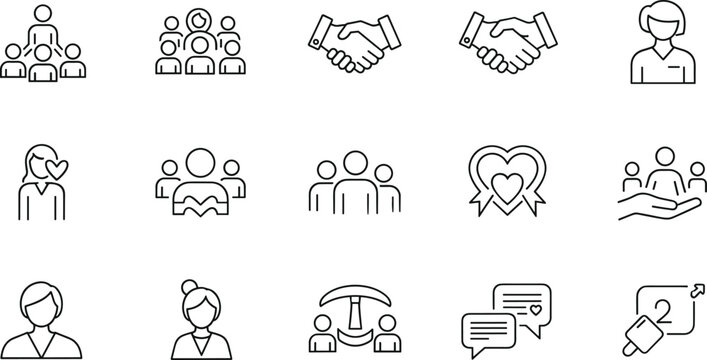 People relationship teamwork and customer support outline icon set featuring handshake community communication avatar editable stroke vector collection