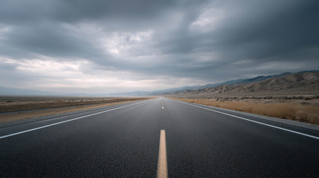 An empty road stretches into the distance under a cloudy sky, offering a sense of vastness and journey. The road's markings guide the eye towards the horizon.