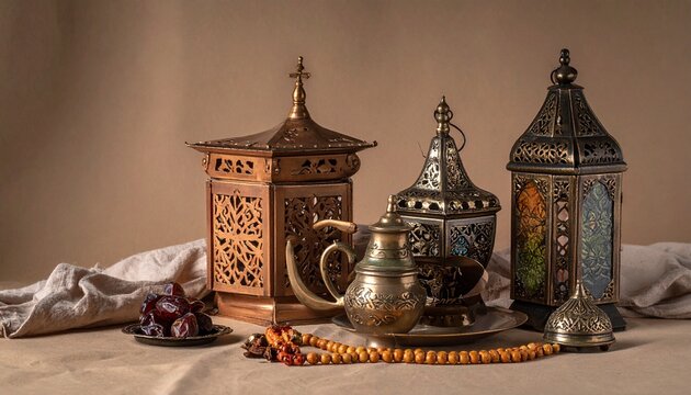 Ramadan still life with lanterns, dates, and prayer beads.
