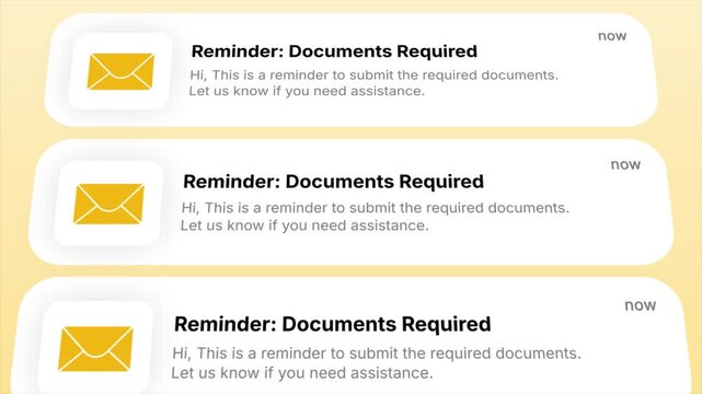 Reminder: Documents Required notification appears in an animated digital display. Ideal for illustrating important notifications, deadlines, business communication, and workflow management.