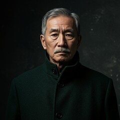 Fototapeta premium A portrait of an elderly Asian man with a serious expression wearing a dark green coat