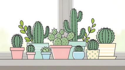 Fototapeta premium Collection of Cactus Plants in Colorful Pots on Windowsill in Bright Room