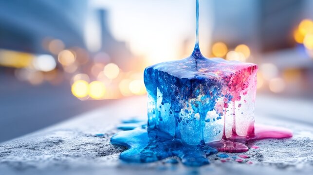 Melting Ice Block Dripping on Rough Stone Surface at Sunset
