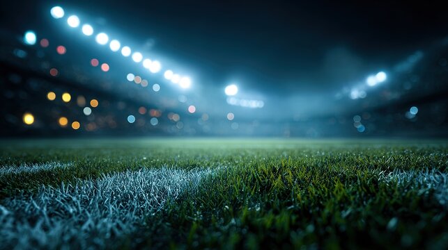 turf. Athletic field at night with glowing stadium lights and green turf foreground. event key visuals, club posters, designed for fitness apps and gym onboarding, drives event promotion.