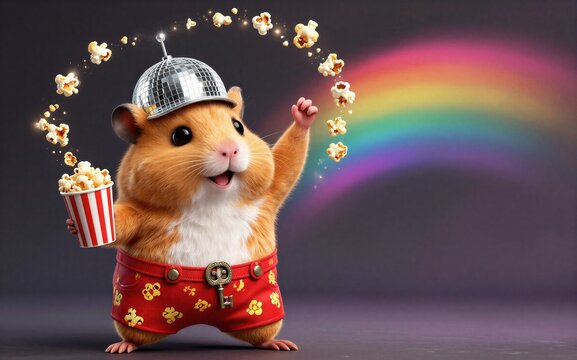 Happy hamster in disco hat popcorn buckets rainbow sparkles.