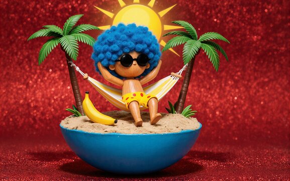 Blue-haired figure relaxes in hammock between palm trees on sandy