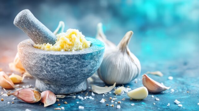 Freshly Pounded Garlic Paste in Stone Mortar with Garlic Cloves