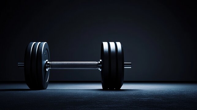 bodybuilding. Close-up of a metallic dumbbell on a gym floor, highlighted by dramatic side lighting. event key visuals, club posters, designed for fitness apps and gym onboarding.