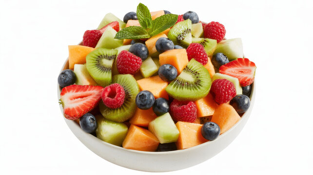Bowl of fresh mixed fruit salad with mint leaves, kiwi, berries, and melon on white background