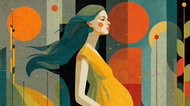 Metaphorical preeclampsia narrative, flat Memphis-boho hybrid illustration, abstract shapes representing tension and calm surrounding a pregnant form, flowing lines symbolizing circulation and monitor
