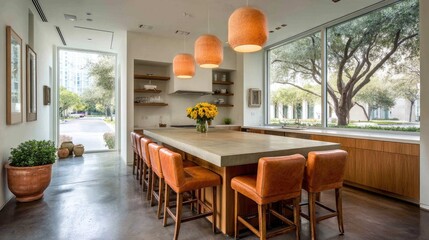 Fototapeta premium Modern Kitchen with Oversized Island and Pendant Lights in Bright Open Space Surrounded by Lush Greenery