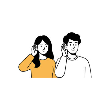 Man and Woman Cupping Hands to Ears Listening Carefully Illustration
