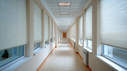 Fototapeta premium Bright and Spacious Corridor with Blinds and Windows in Modern Office Building Environment