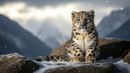 Fototapeta premium Snow Leopard Cub with Striking Blue Eyes Sitting on Snowy Rocks in a Majestic Mountain Landscape
