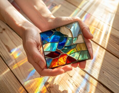 Hands holding a vibrant stained glass art piece with sunlit reflections.