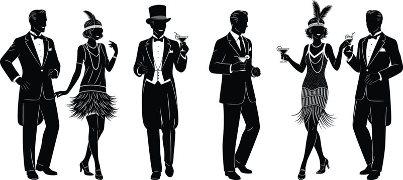 Vintage 1920s Great Gatsby party silhouette, roaring twenties flapper girls and dapper men with cocktails, retro deco celebration vector illustration.