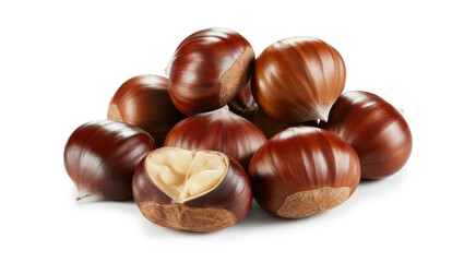 Obraz premium Pile of raw chestnuts including one opened nut with a light colored seed on white background