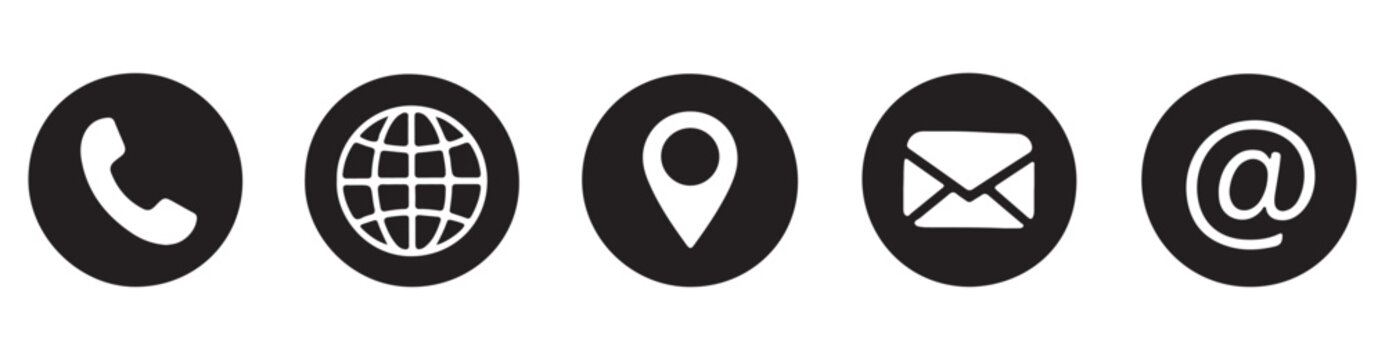 Web contact and communication icon. Call us, location, internet, mail and home icons. Linear and round.