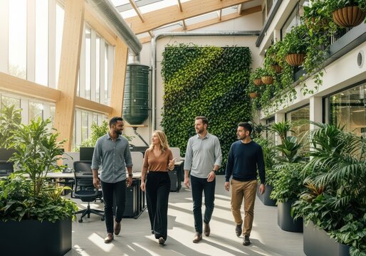 Diverse professionals walk and communicate while strolling through a modern office space filled with indoor plants.