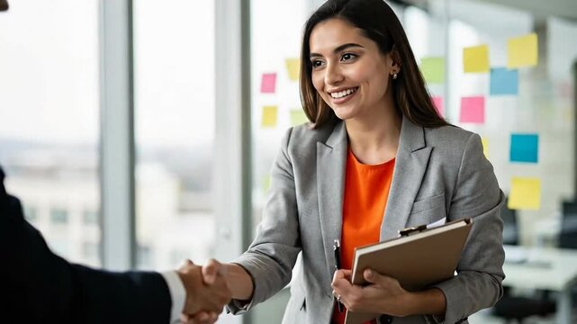 Business professionals shaking hands in a modern office setting