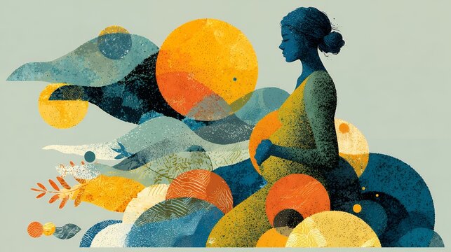 World Preeclampsia Day deep concept, flat illustration, fusion of Memphis geometric shapes and boho organic motifs, abstract pregnant silhouette surrounded by flowing pressure lines