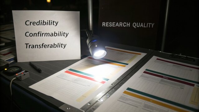 Credibility and Confirmability in Research Quality Assessment with Illuminated Data Sheets on Table