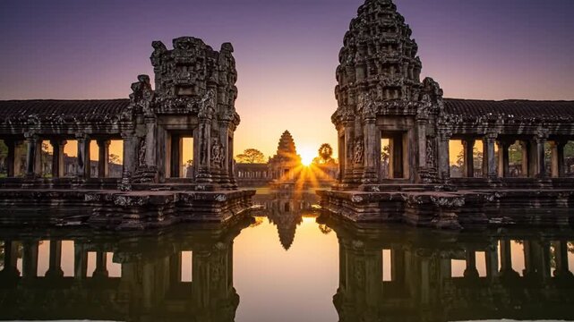 Sunrise at Angkor Wat temple gates with detailed Khmer stone carvings reflecting in the calm water pond under a colorful morning sky in Siem Reap, Cambodia, Southeast Asia.