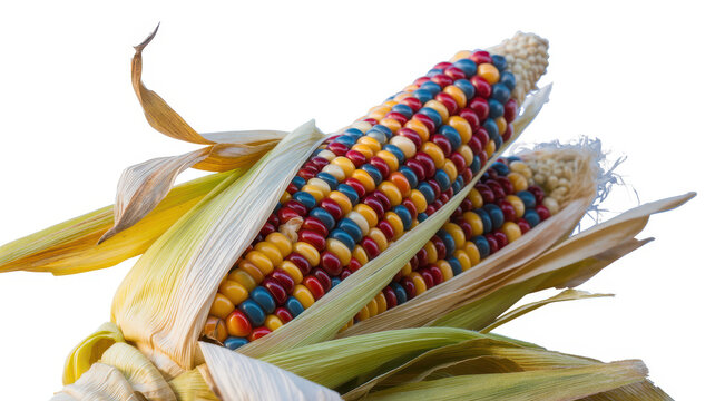 Two ears of multicolored flint corn with dry husks isolated on a white background, for harvest