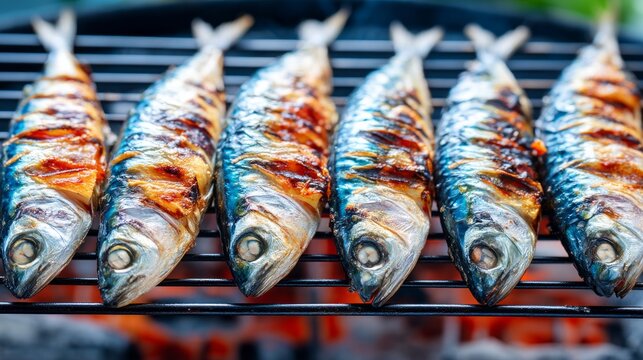 Grilled Sardines Arranged in Tight Parallel Row on Black Grill