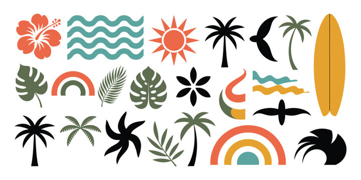 Stylized summer themed illustrations, flowers, palms, sun, waves, and rainbow designs, vibrant vector artwork perfect for vacation graphics