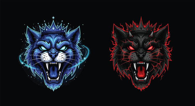 Two fierce, stylized cat heads, one blue with a crown and blue glow, the other black with red eyes and a red spiky aura, on a dark background.