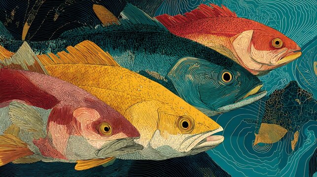 World Fish Migration Day abstract poster, flat illustration blending Memphis patterns with boho ornamental elements, circular composition representing natural cycles